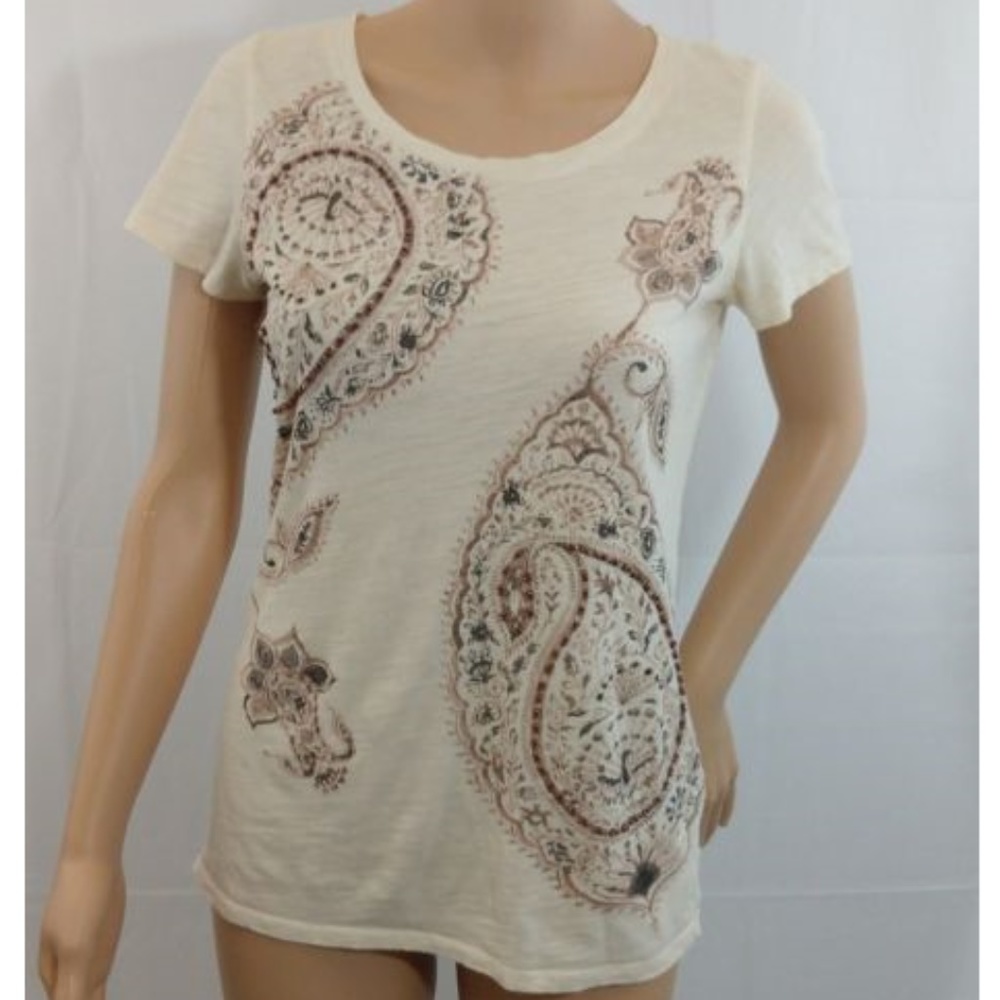 Lucky Brand Small Paisley Beaded Cotton Tee